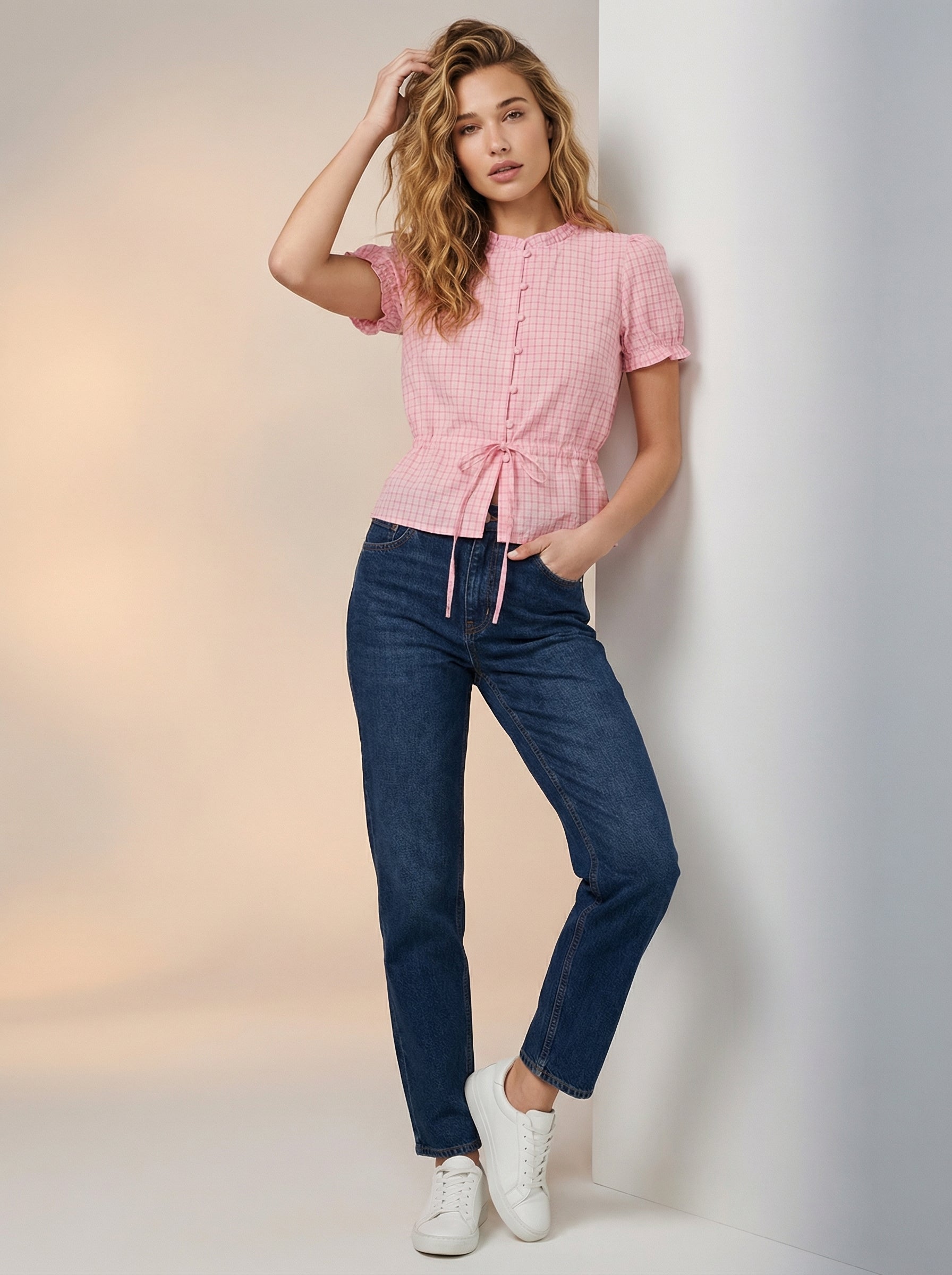 Frilly detail tie waist blouse