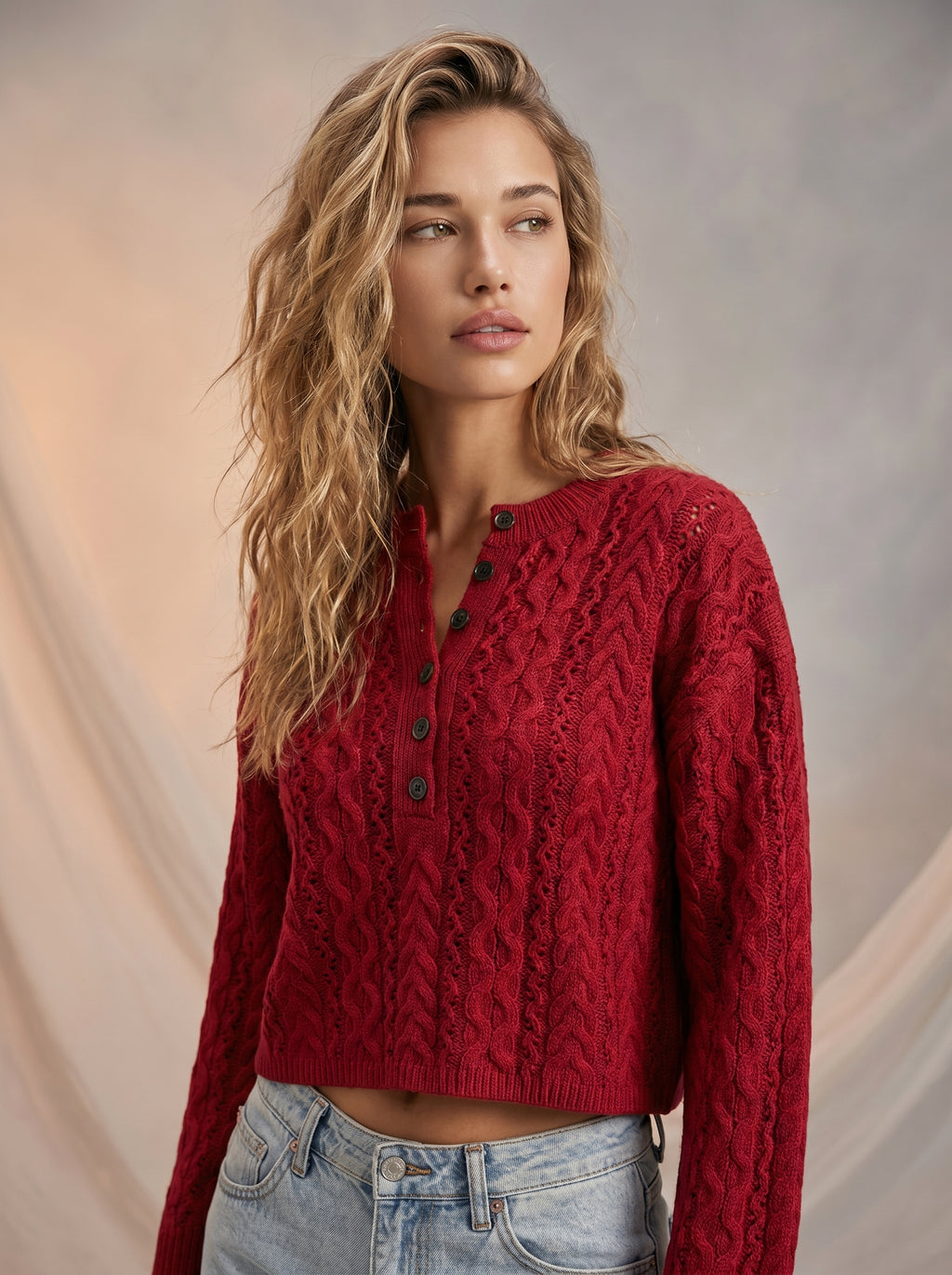 Red knitted Henley style Jumper