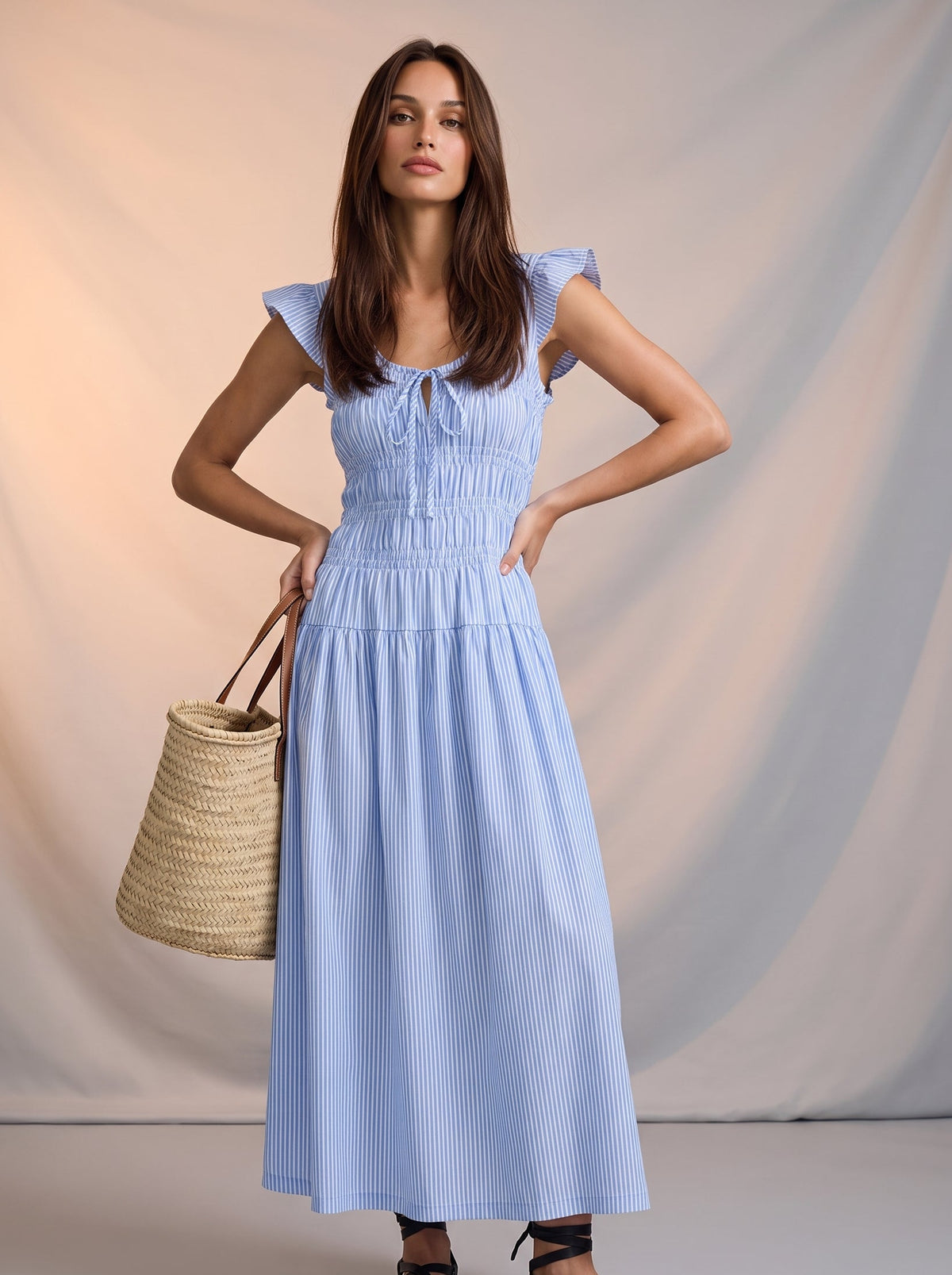 Blue Stripe Ruched Midi Dress