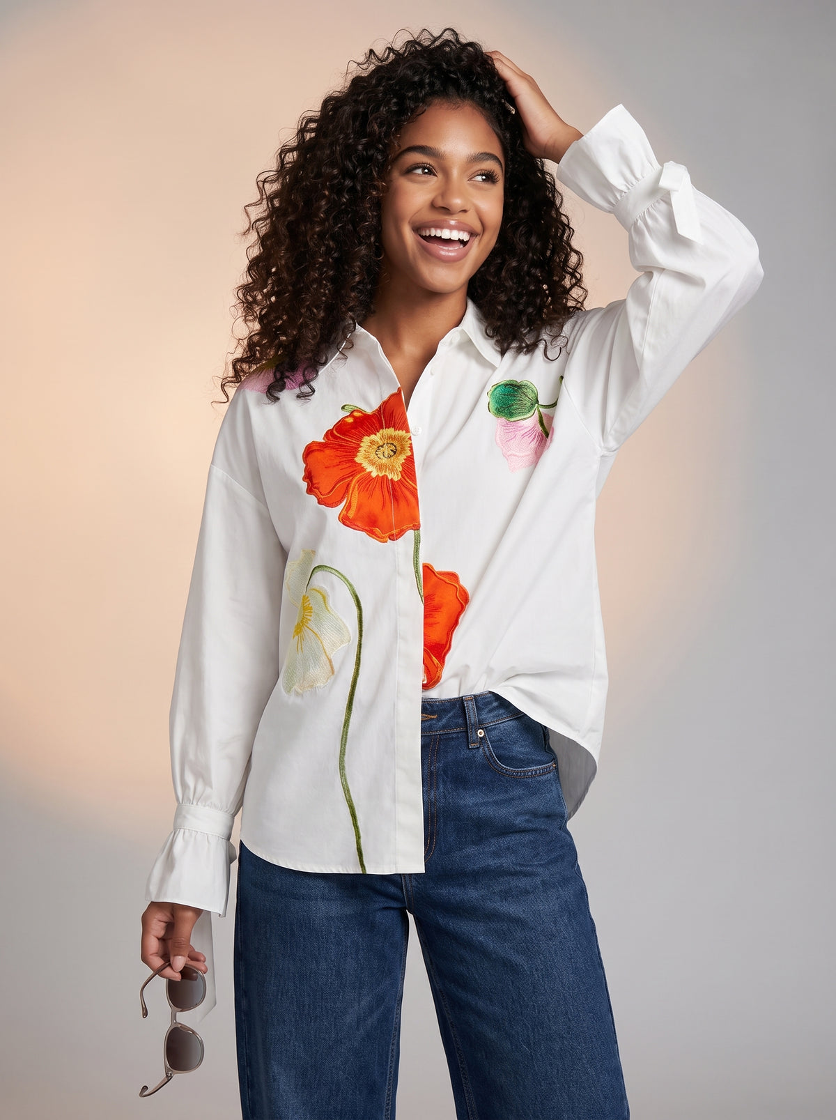White button down vibrant floral shirt