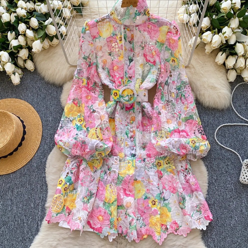 Floral print longsleeve dress with belt detail