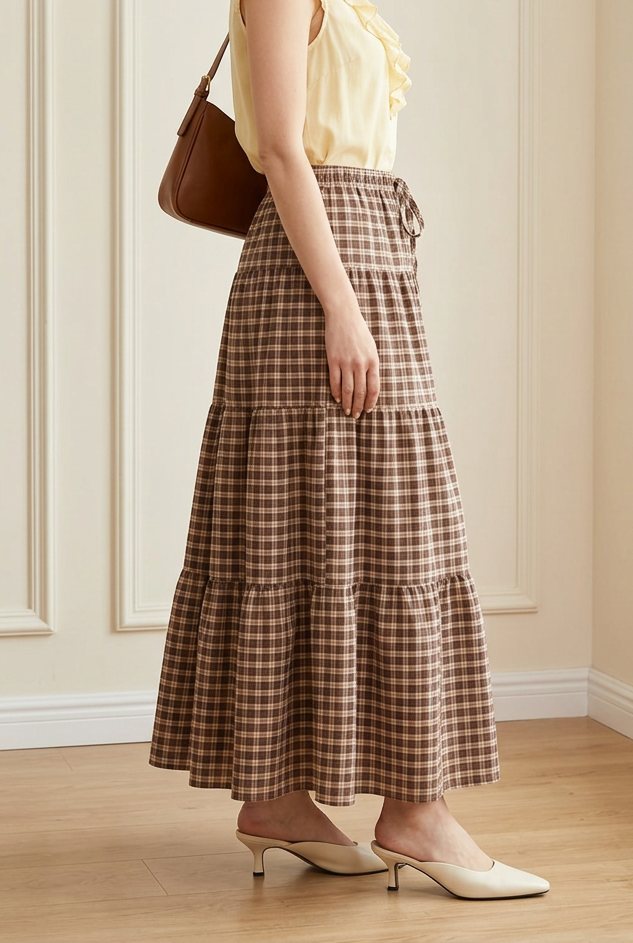 Brown Check Tiered Midi Skirt